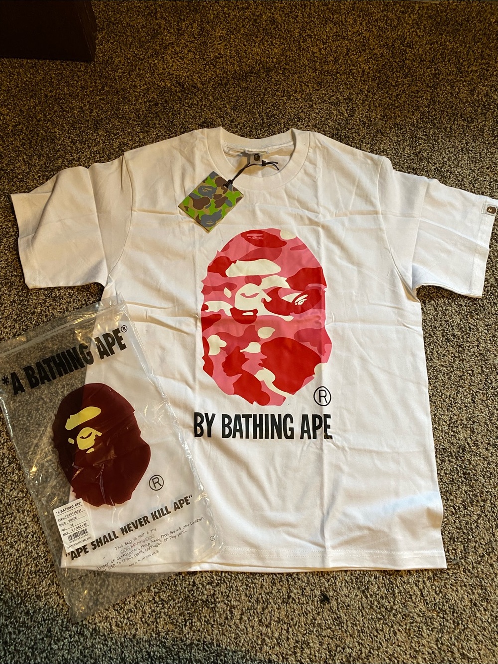 Bape White T-Shirt with Pink  Camo Ape Head